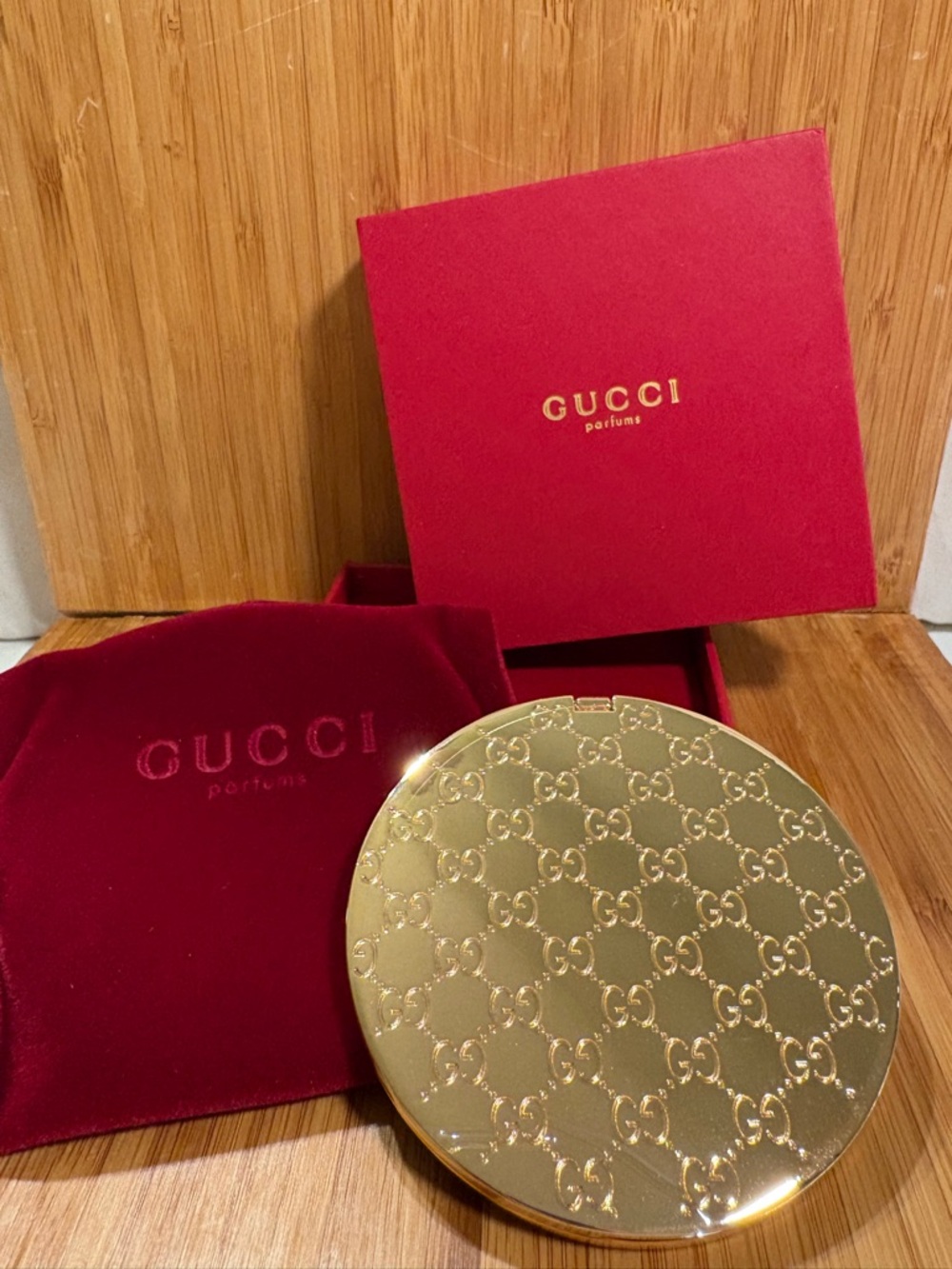 Gucci Parfums Gold Compact Mirror with Red Velvet Pouch and Gift Box